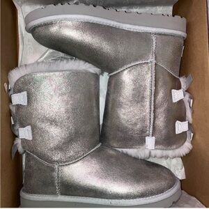 UGG Metallic Silver Boots with White Fur